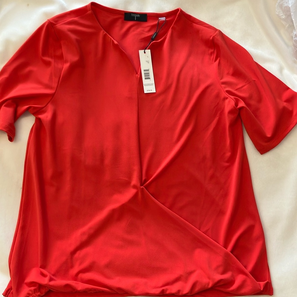 NWT Tahari Red vneck Blouse with longer sleeves & cute fold over detail